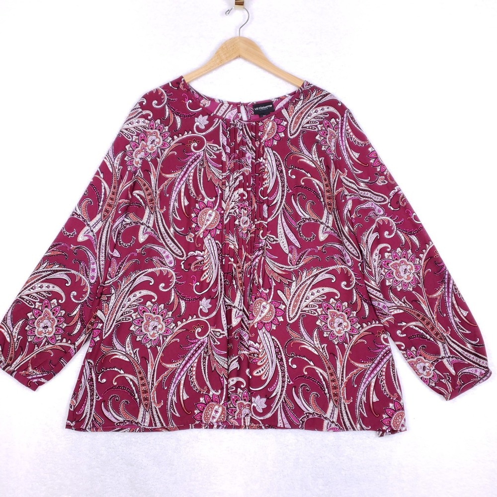 Liz Claiborne Career Rose Paisley Pleated Blouse XXL Long‎ Sleeve Boho Chic